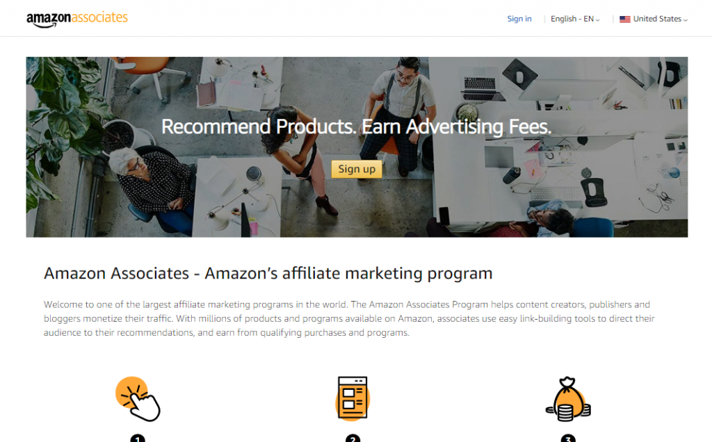 Amazon affiliates landing page