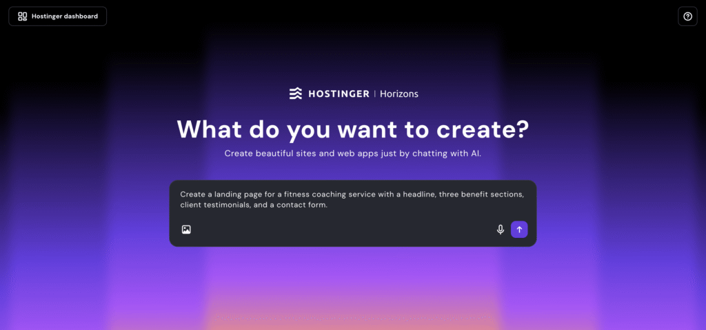 Hostinger Horizons' first dashboard page