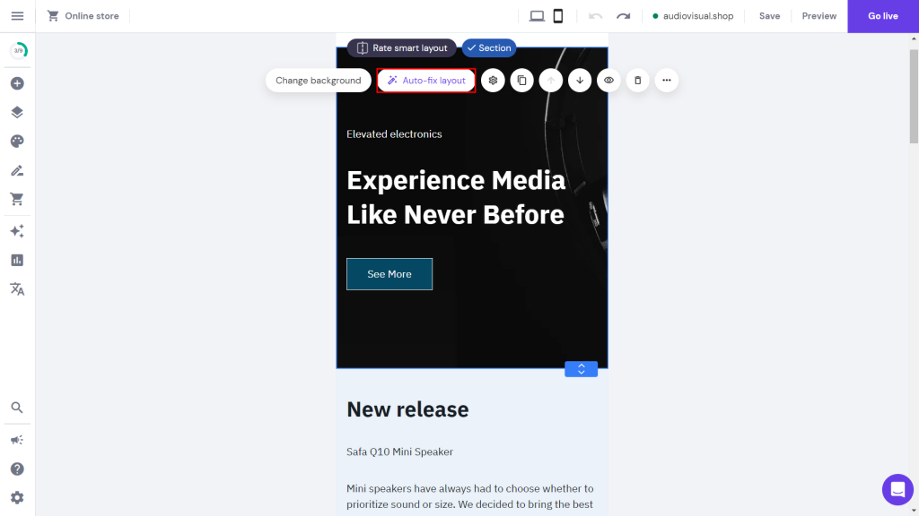 Hostinger Website Builder's editor showing the mobile view and highlighting the Auto-fix layout tool
