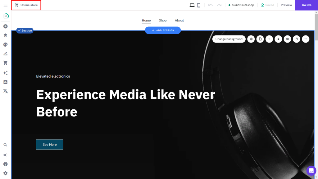 Hostinger Website Builder's editor highlighting the Online store button
