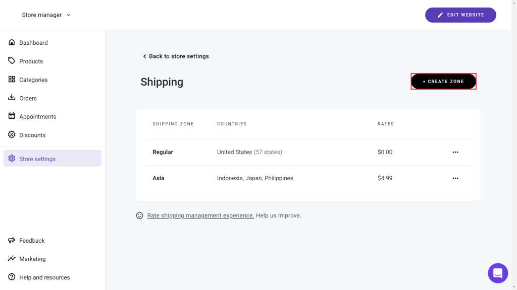 Hostinger Website Builder's Store manager showing the Store settings screen with the Create Zone button highlighted
