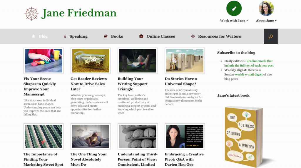 Screenshot showing Jane Friedman blog, which is aimed at aspiring authors