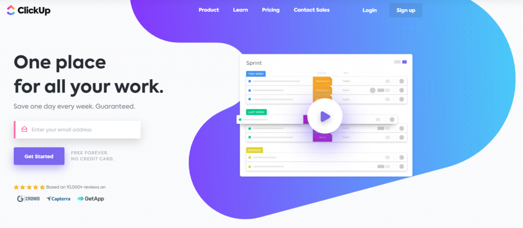 ClickUp homepage featuring one place for all your work