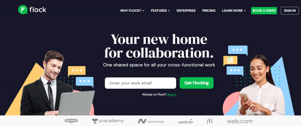 Flock homepage featuring "your new home for collaboration" 