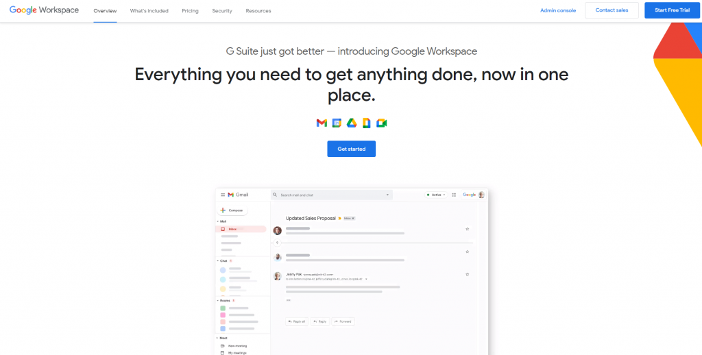 Google Workspace homepage featuring "everything you need to get anything done, now in one place" 