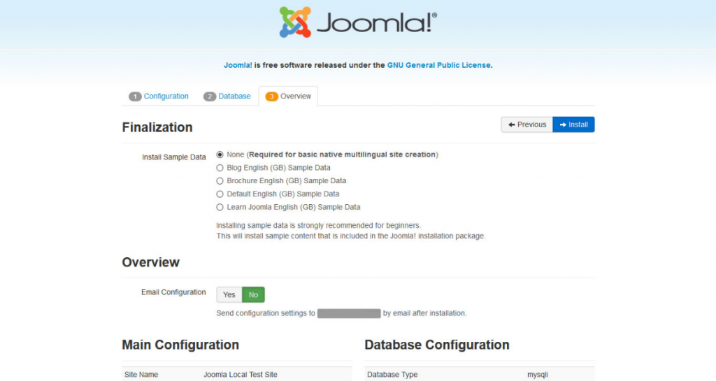 Screenshot of the finalization page on Joomla