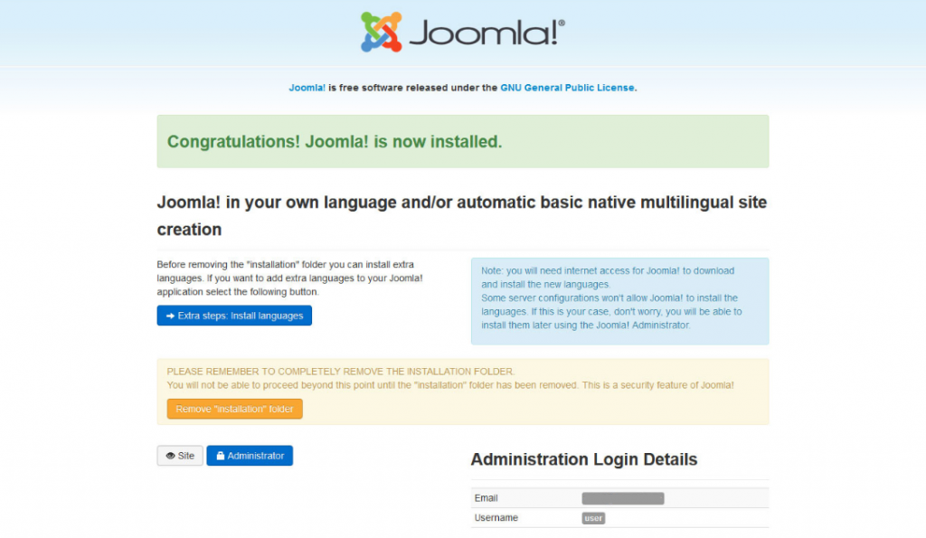 Screenshot of the congratulations banner when finishing the Joomla install