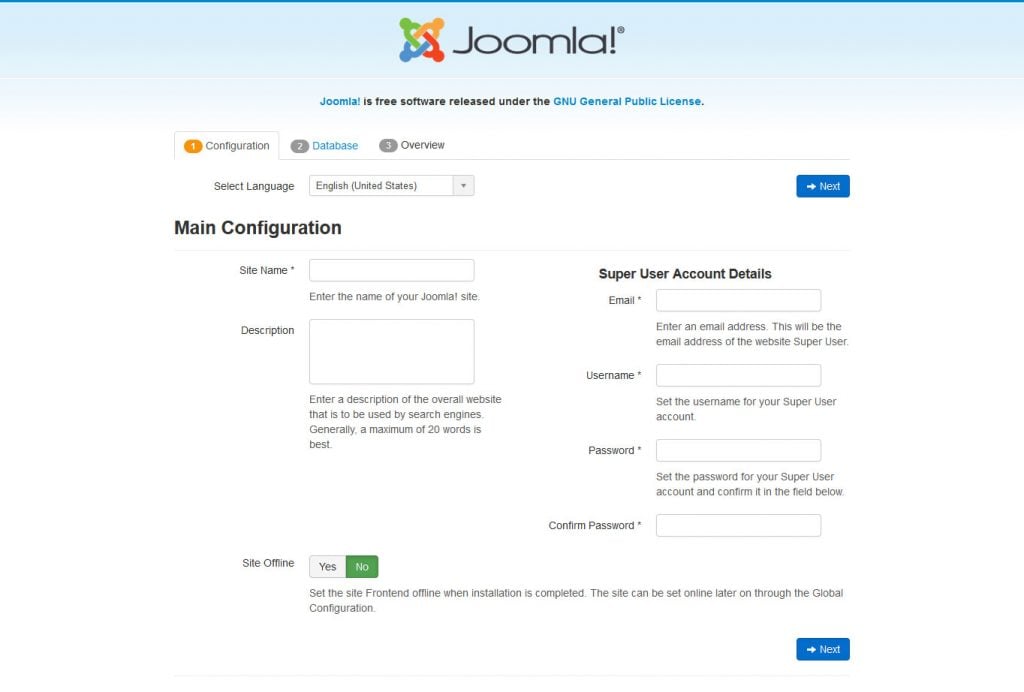 Screenshot of the main configuration page on Joomla