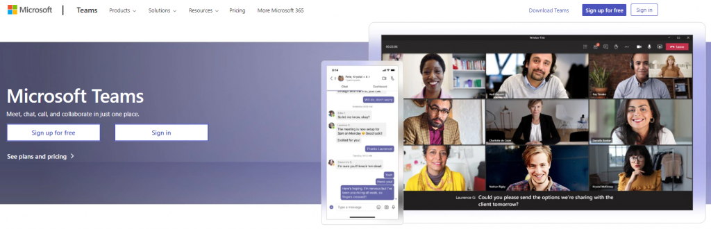 Microsoft Team sign up for free, homepage, previewing the messaging app and video call