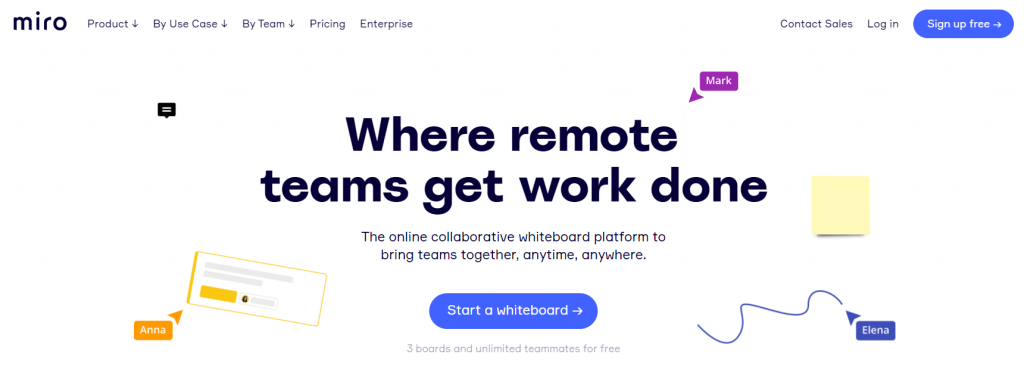 Miro homepage featuring where remote teams get work done and to start a whiteboard