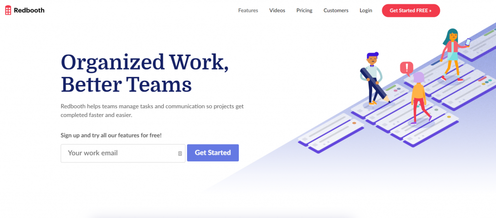 Redbooth homepage featuring organized work and better teams