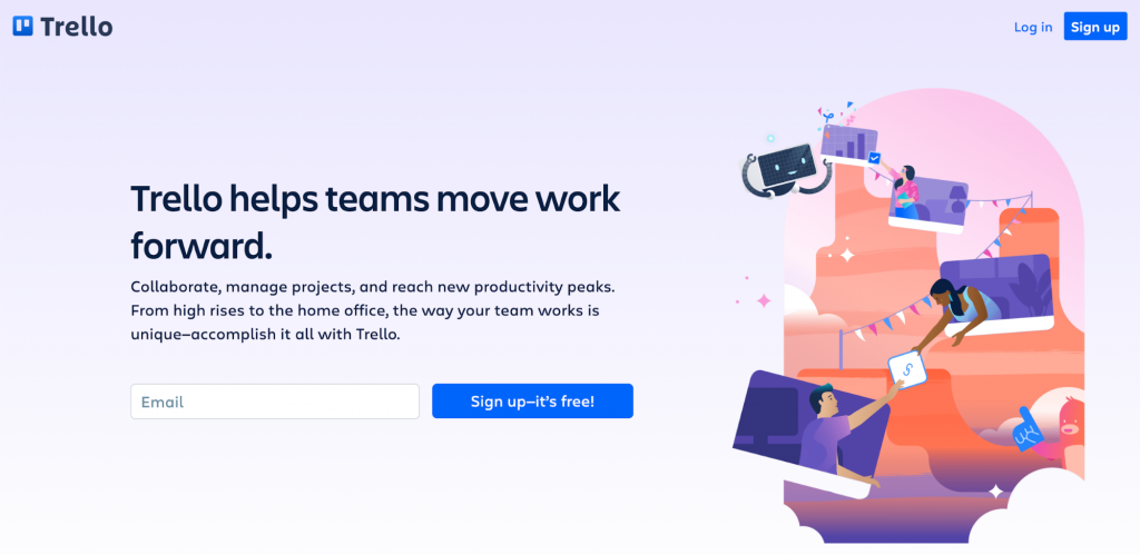 Trello homepage featuring that Trello helps teams move work forward