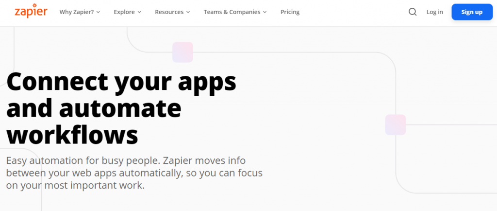 Zapier homepage featuring a way to connect your apps and automate workflows