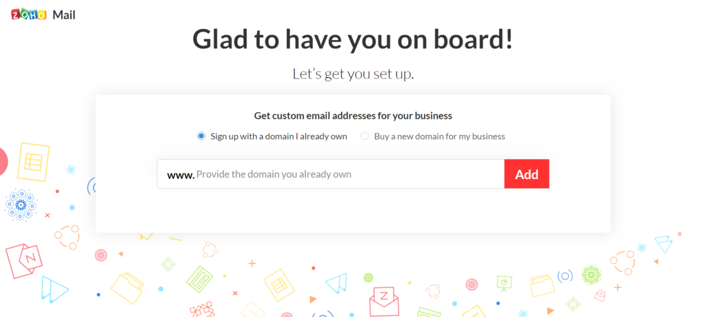 Screenshot of Zoho Mail onboarding welcome page