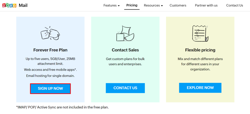 Zoho Mail pricing plans.