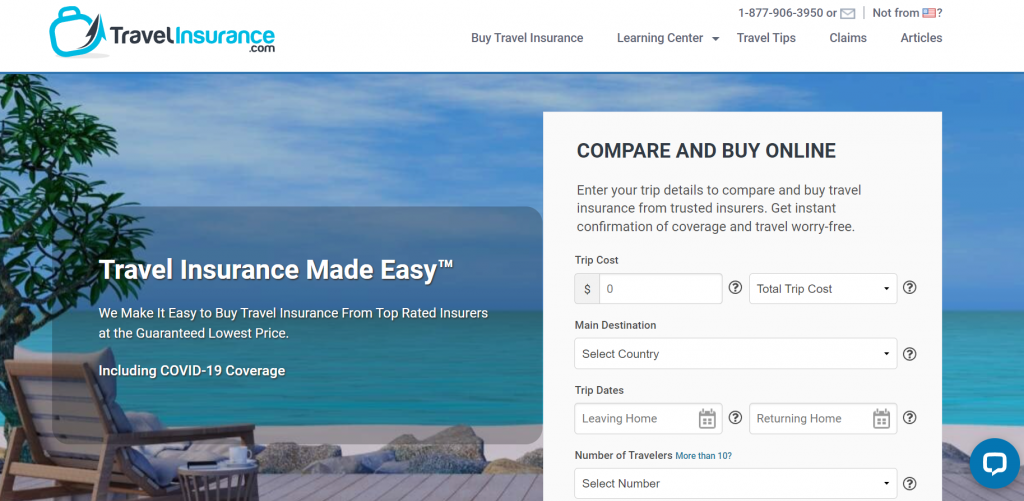 The homepage of Travel Insurance