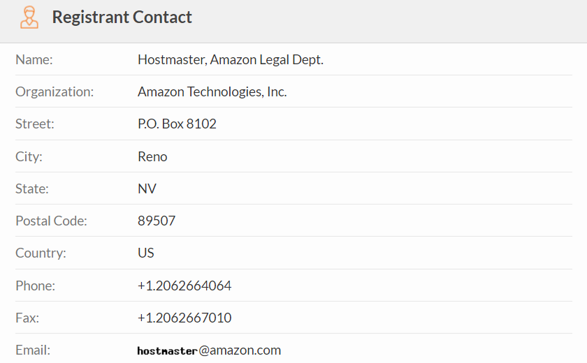Image of Amazon's domain registrant contact information on WHOIS