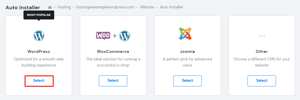 Clicking the Select button on WordPress within the Auto Installer options on hPanel