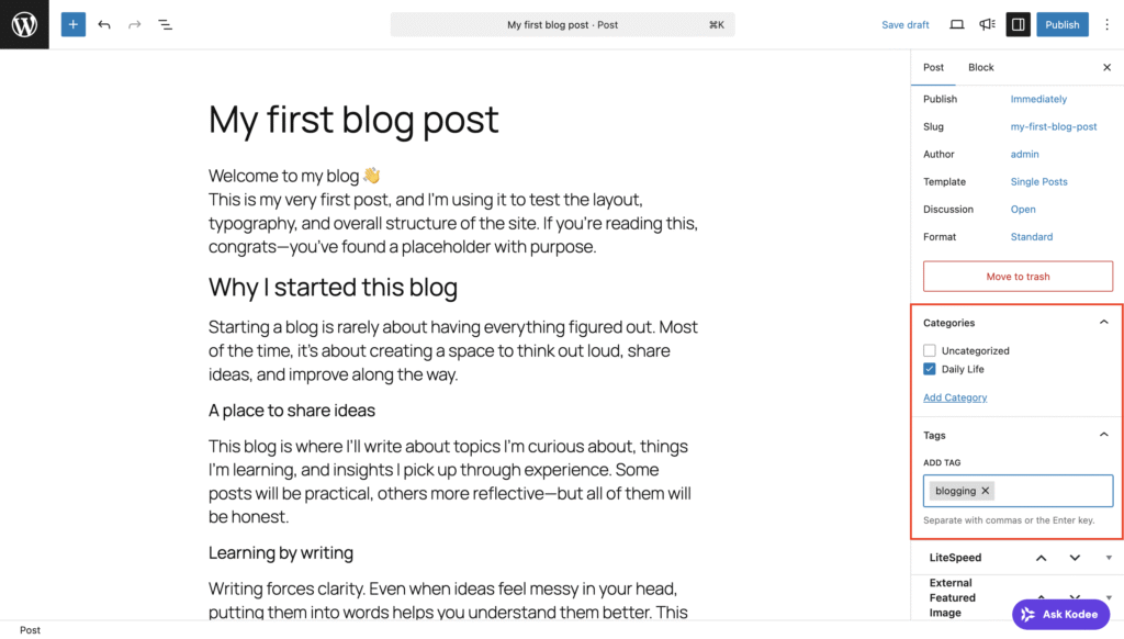 Categories and Tags section in Settings panel