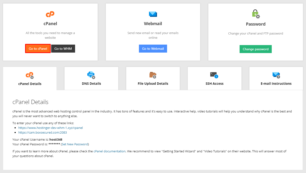 Selecting the Go to cPanel button after logging into a web hosting account