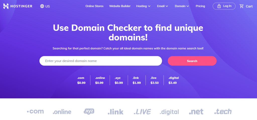 Hostinger's domain name checker's homepage