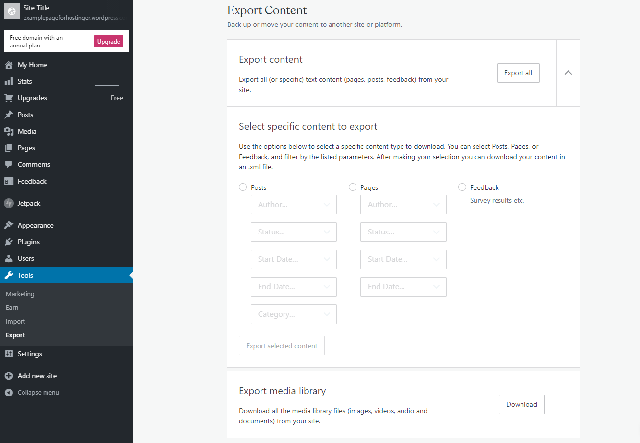 The Export Content page, accessible from the Tools menu on the WordPress.com dashboard