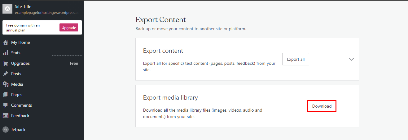 Selecting the Download button in the Export media library section in the Export Content page