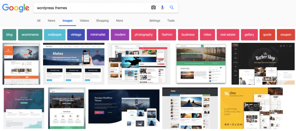 Google image results for "WordPress themes" search query