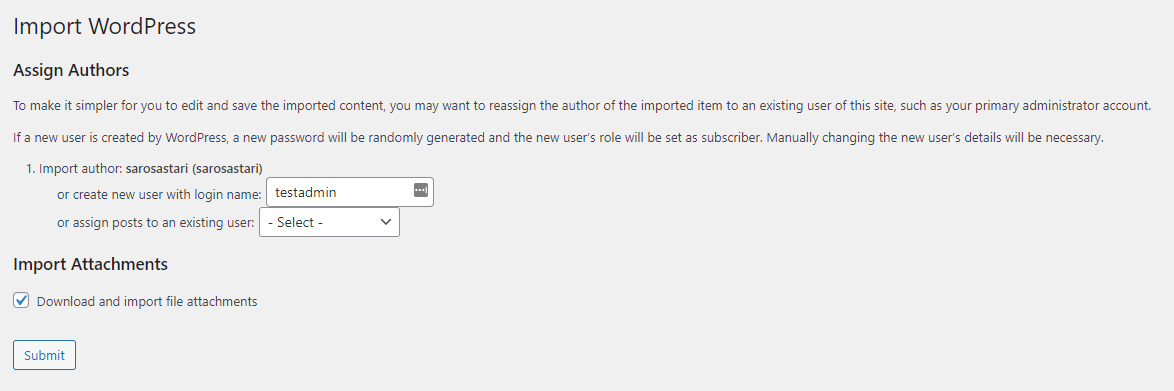 The WordPress importer settings