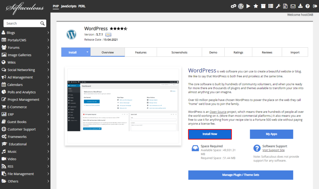 Selecting the Install Now button for WordPress in Softaculous
