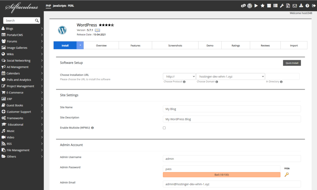 Filling in the information for installing WordPress in Softaculous