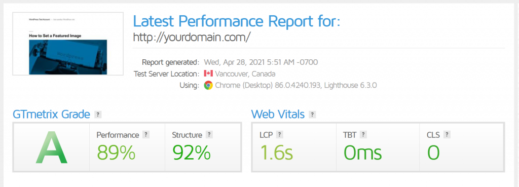 GTmextrix performance report for a domain name