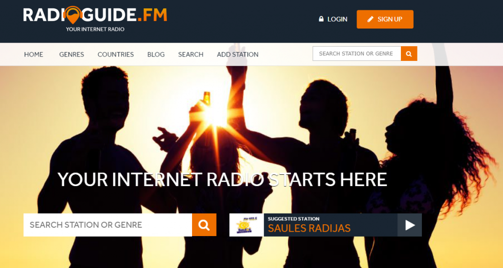 Radioguide.fm homepage "Your Internet Radio Starts Here"