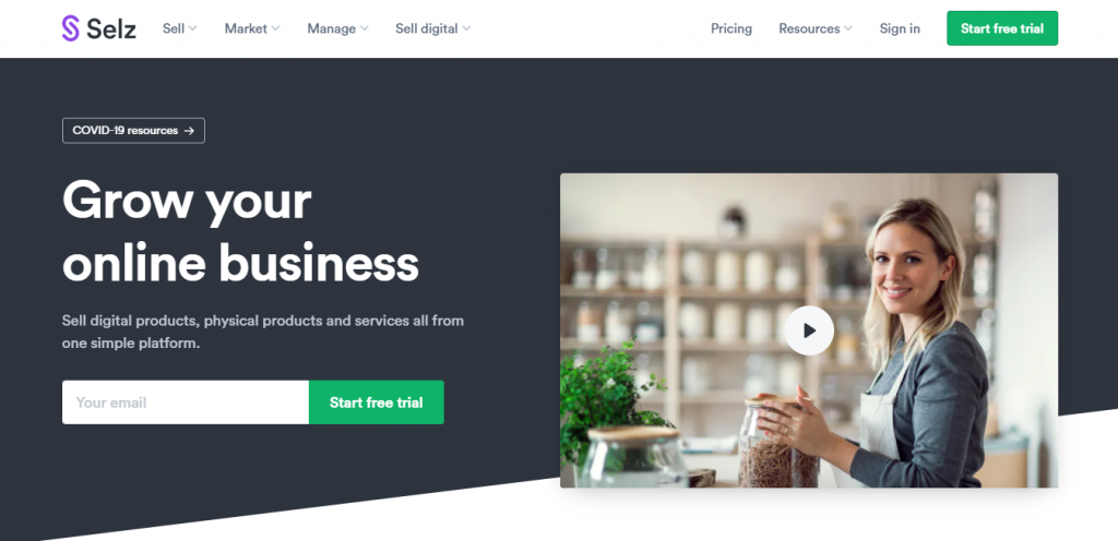 Homepage of Selz, an eCommerce platform