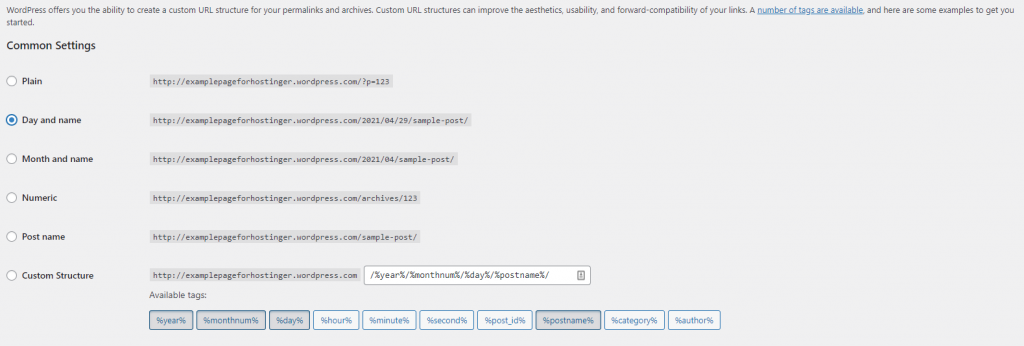 select permalink settings on wordpress