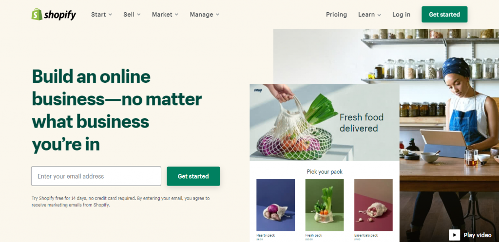 Homepage of Shopify, a well-known eCommerce platform to sell digital downloads