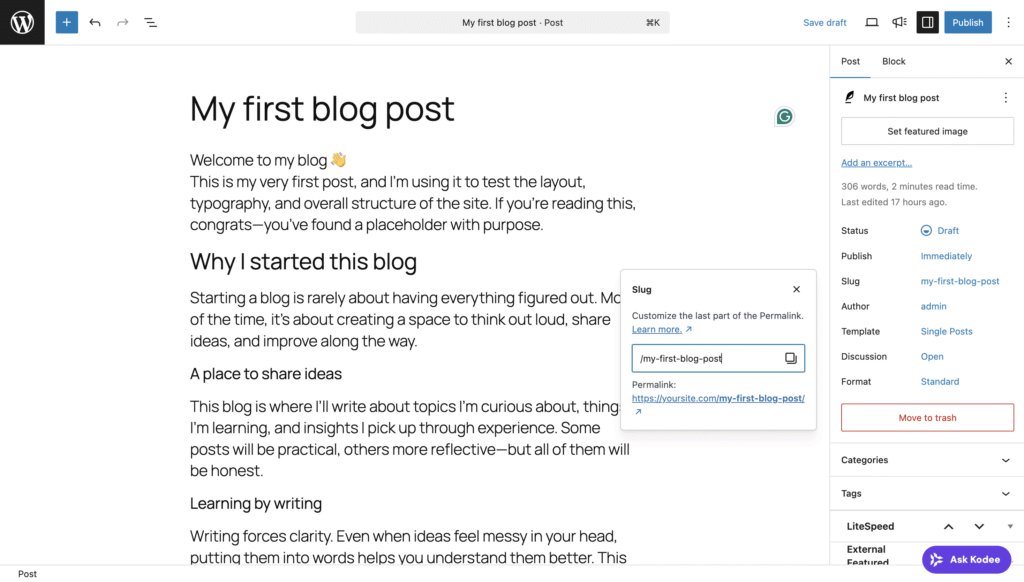 The Slug field in WordPress post Settings panel