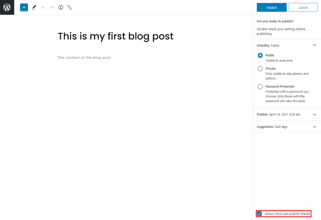 Screenshot of WordPress Gutenberg editor pre-publish checks button