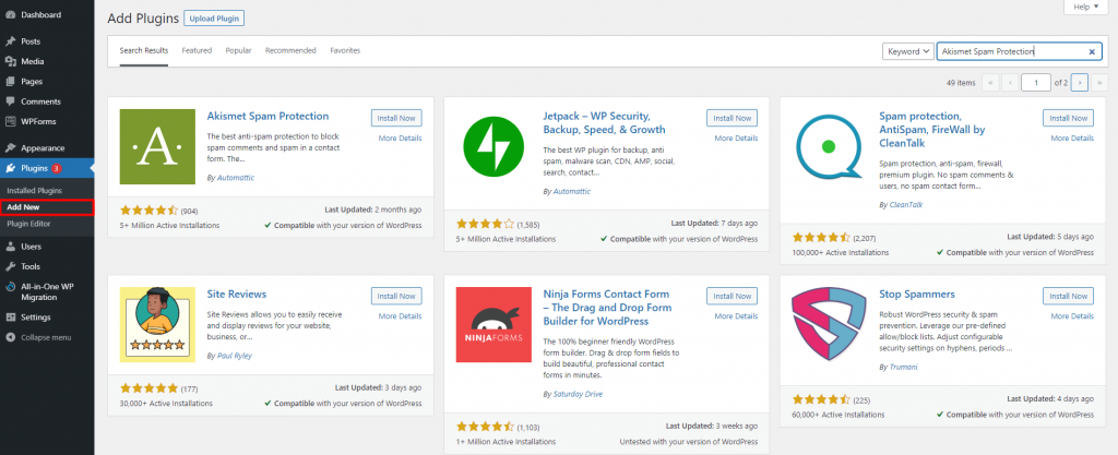WordPress dashboard highlighting the Add New button