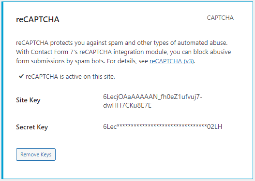 Cặp khóa API plugin reCAPTCHA của WordPress.
