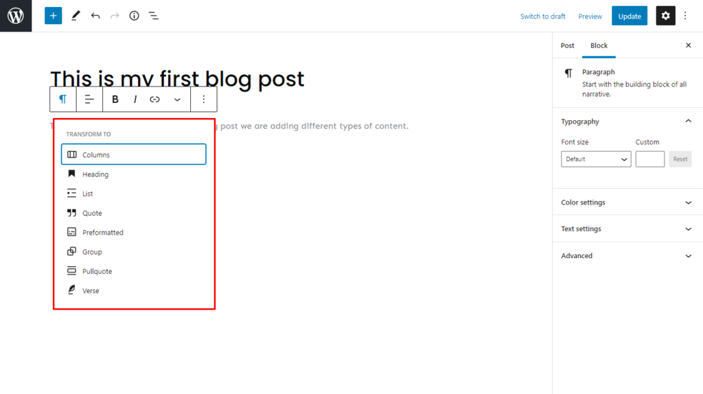 Screenshot of WordPress Gutenberg Editor's transform blocks function