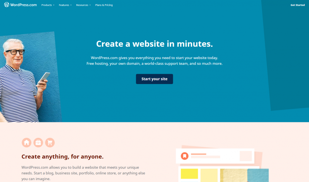 wordpress.com landing page featuring "creating a website in minutes"