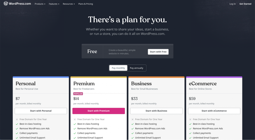 wordpress.com personal, premium, business, and eCommerce plan options