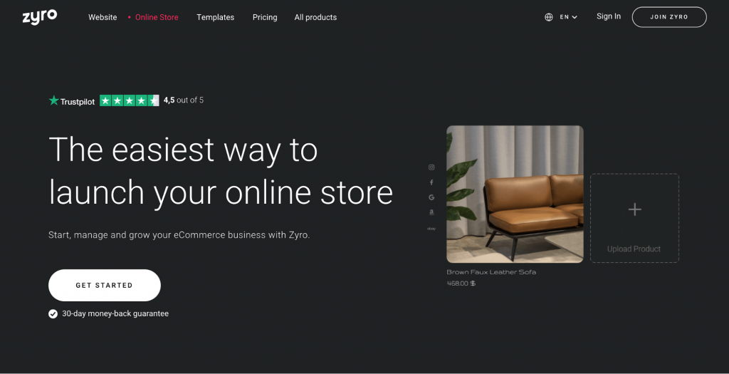 Homepage of Zyro, an eCommerce platform 