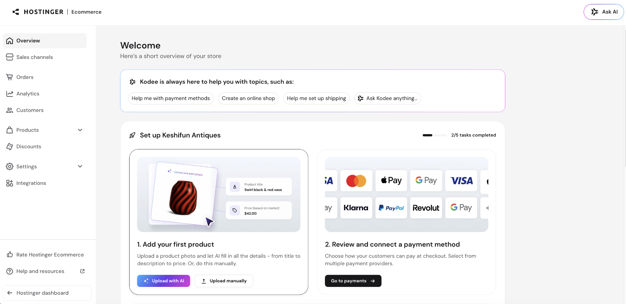 Hostinger Ecommerce Store Manager home page