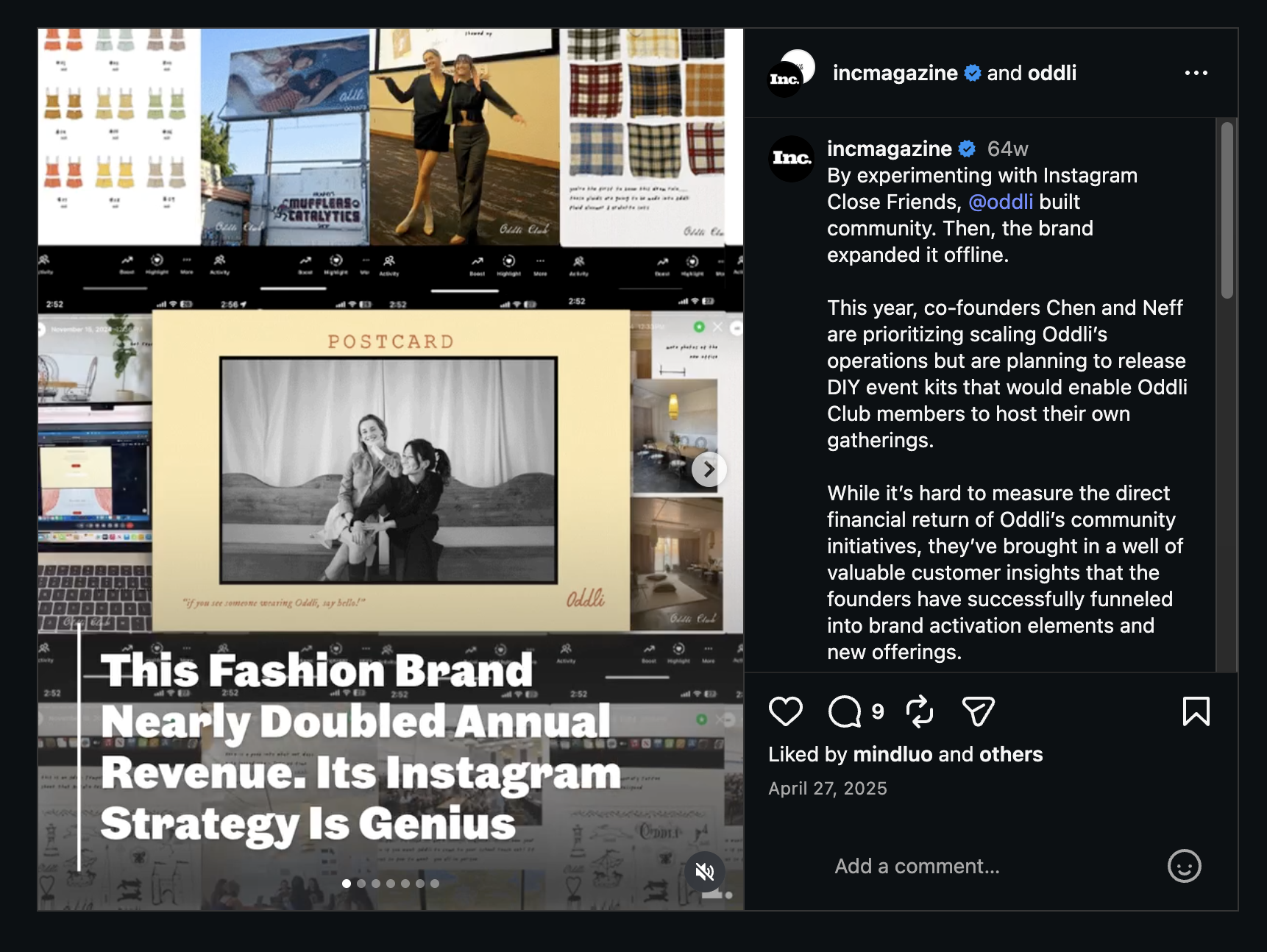 Oddli instagram post about how they doubled their annual revenue