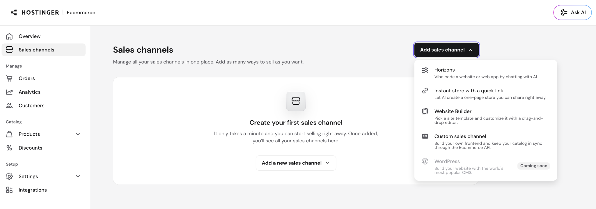Hostinger Ecommerce quick link option in the Sales channels page