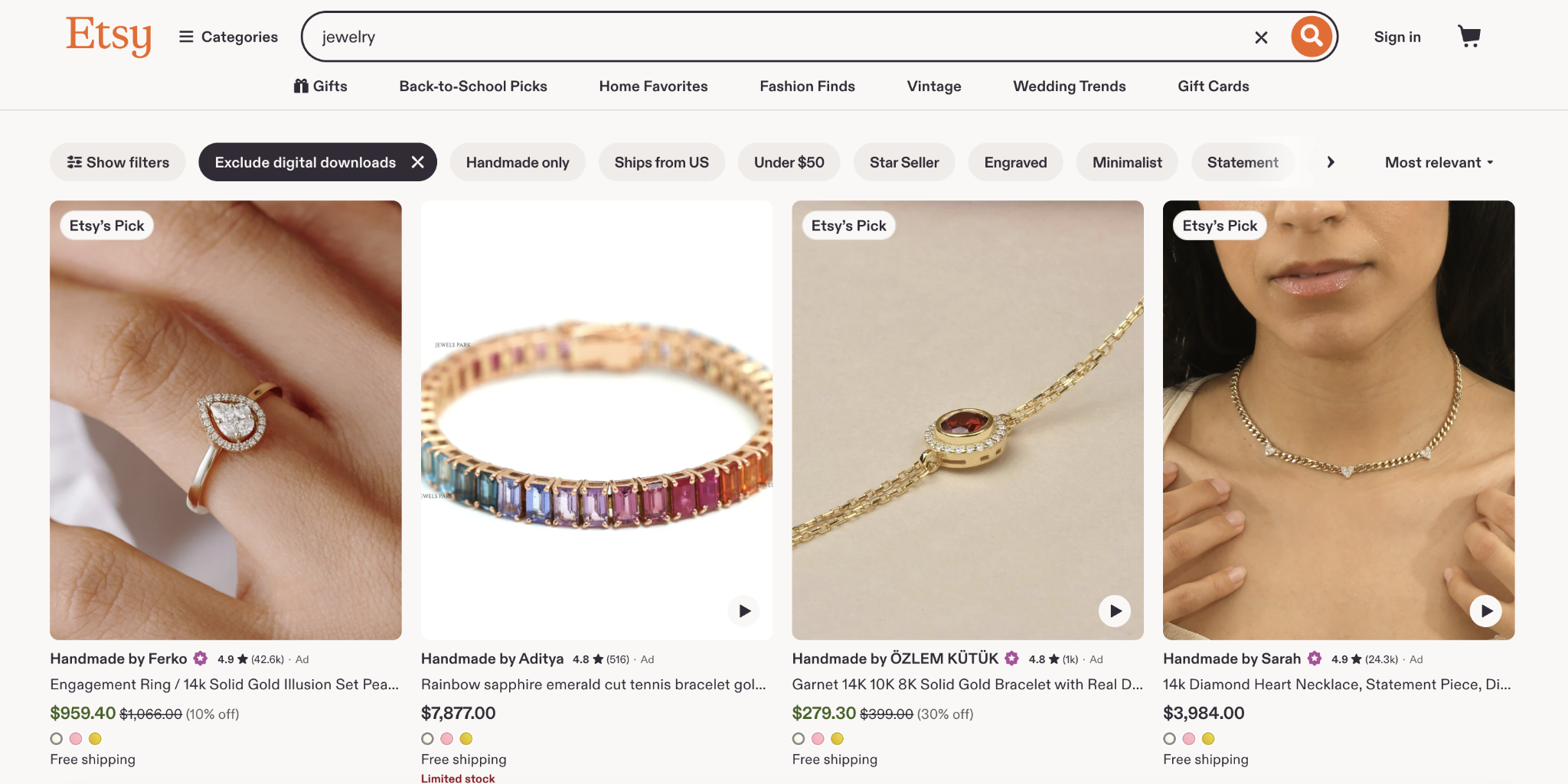 Etsy page showing jewely products for sale