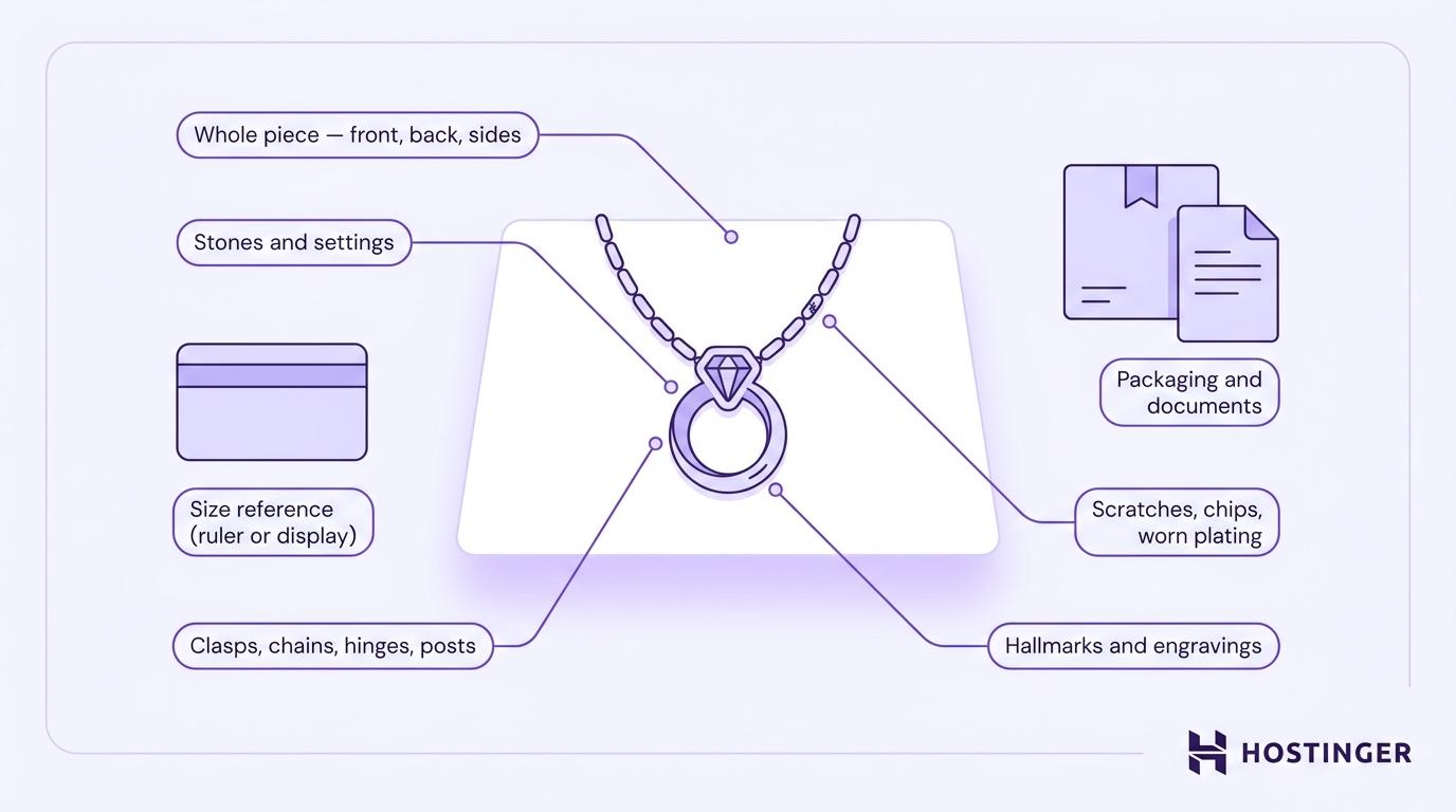 Annotated flat-vector jewelry illustration with seven labeled callouts showing what to photograph — whole piece, stones and settings, clasps and posts, hallmarks and engravings, scratches and flaws, packaging and documents, and size reference.