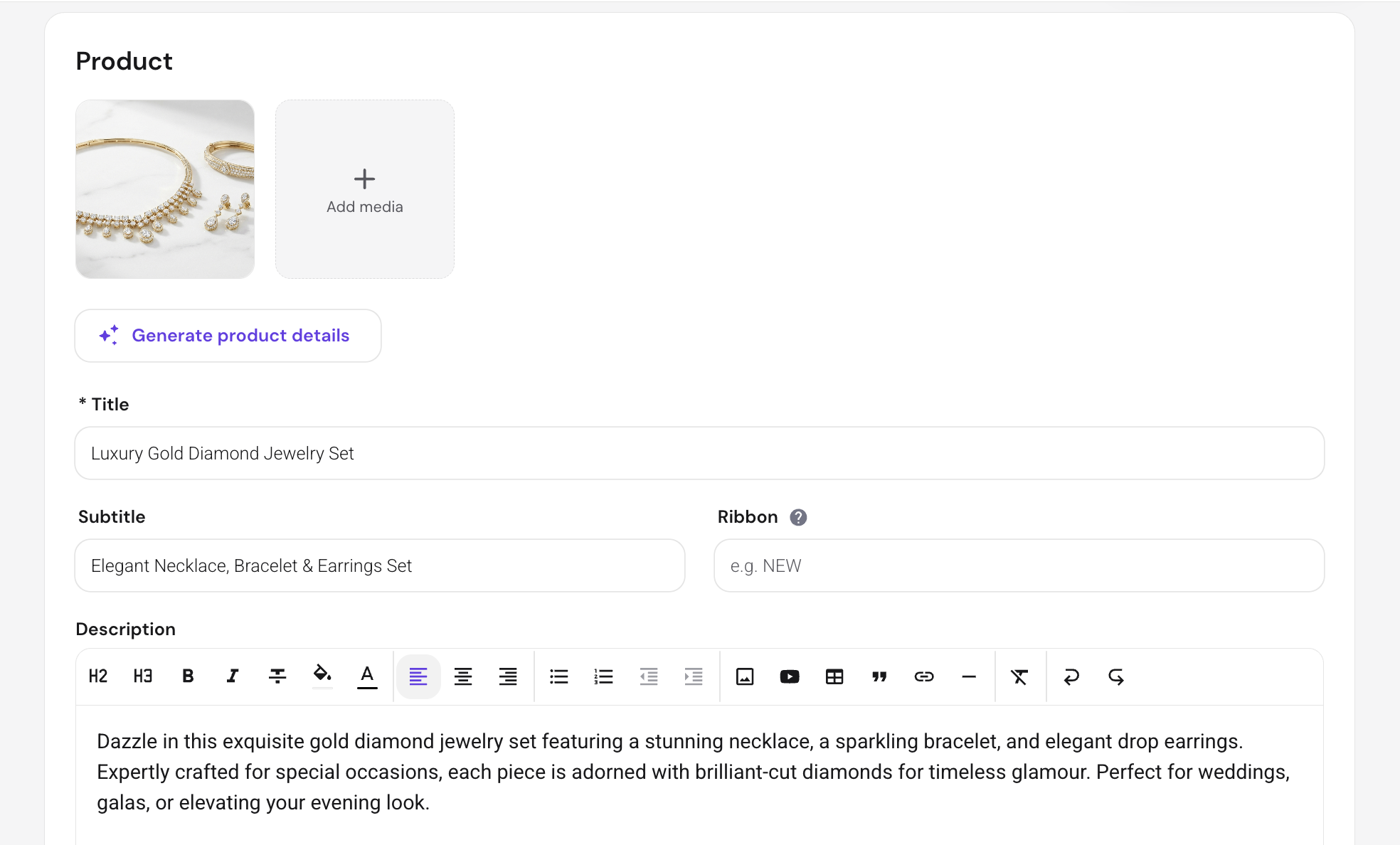 Hostinger Ecommerce product page showing AI-generated product description